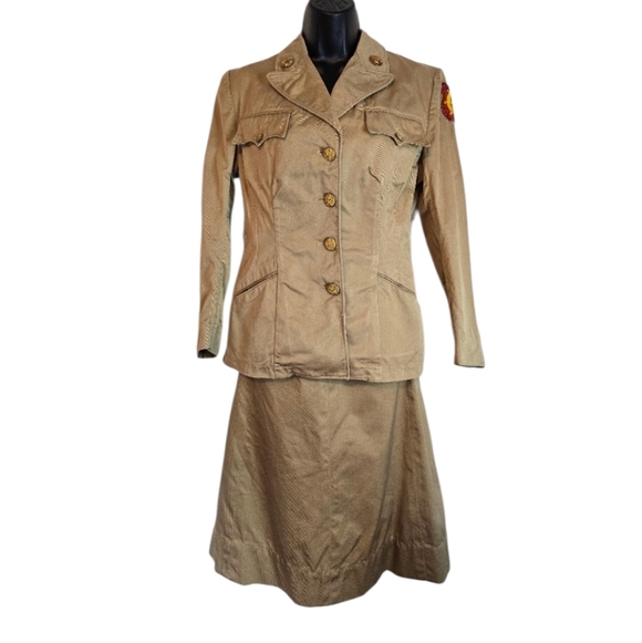 Vintage WWll Womans Army Corps Tan Military Blazer and Skirt Set Ear Muffs Patch